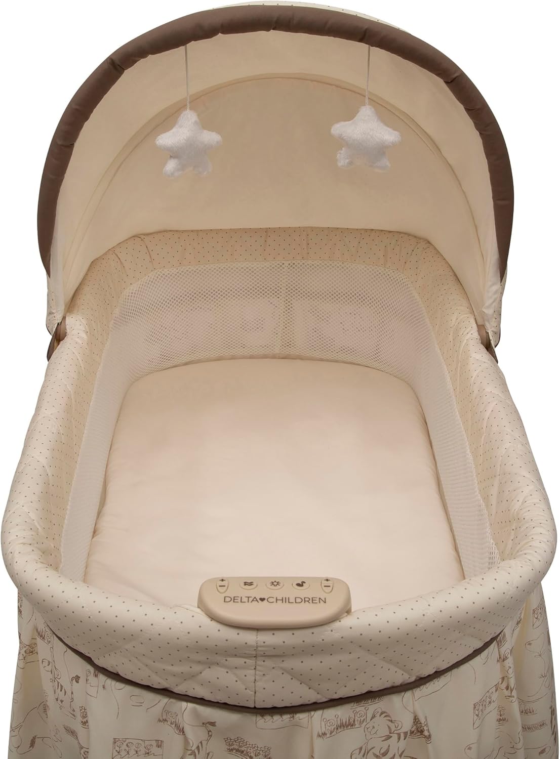 Delta Children Rocking Bedside Bassinet - Portable Crib with Lights Sounds and Vibrations, Play Time Jungle