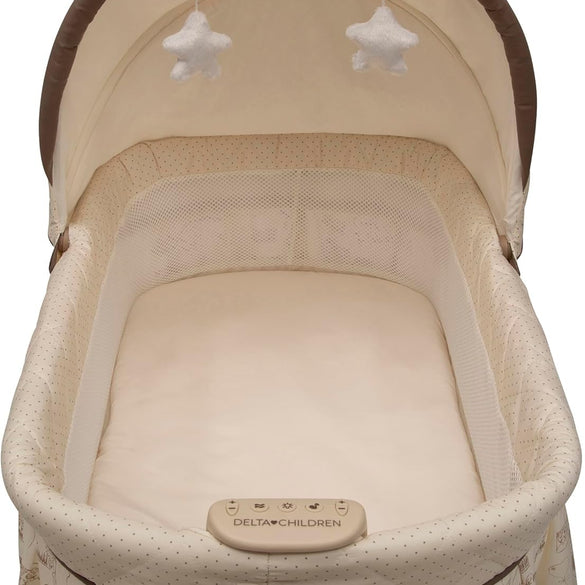 Delta Children Rocking Bedside Bassinet - Portable Crib with Lights Sounds and Vibrations, Play Time Jungle