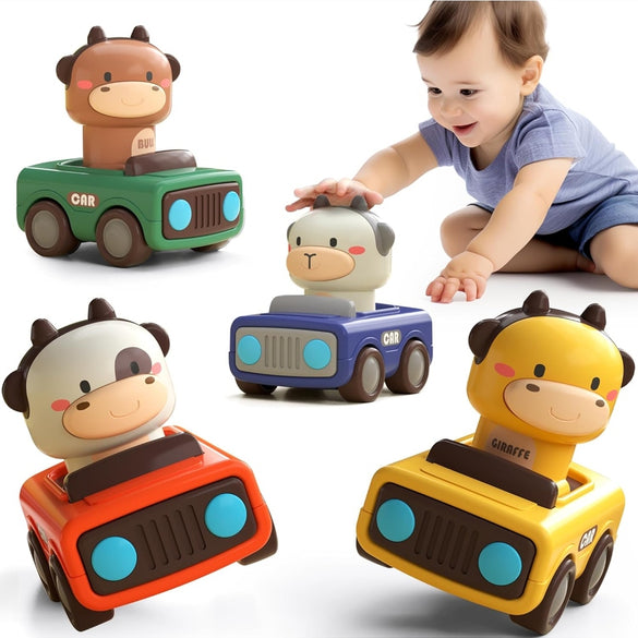 iPlay, iLearn Press to Go Car Toys for Toddlers 1-3, Baby Animal Racing Cars, Infant Play Vehicle Set