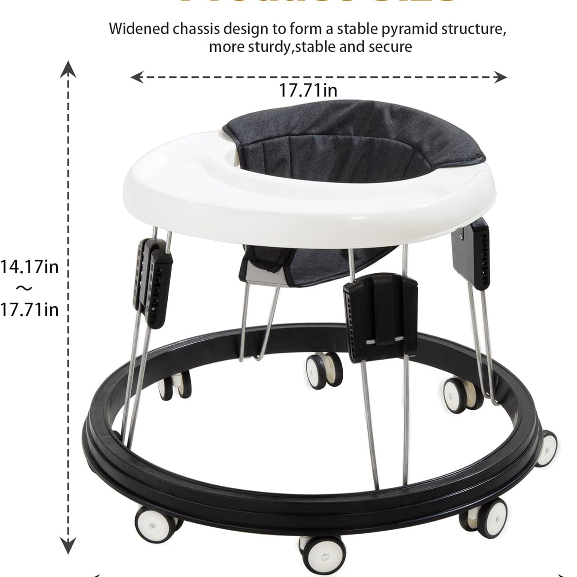 Baby Walker Foldable & Adjustable Height, 9-Level Multi-Function Toddler Walker, Anti-Rollover, Safe & Comfortable for All Terrains, for Baby Boys & Girls 6-18 Months (Black)