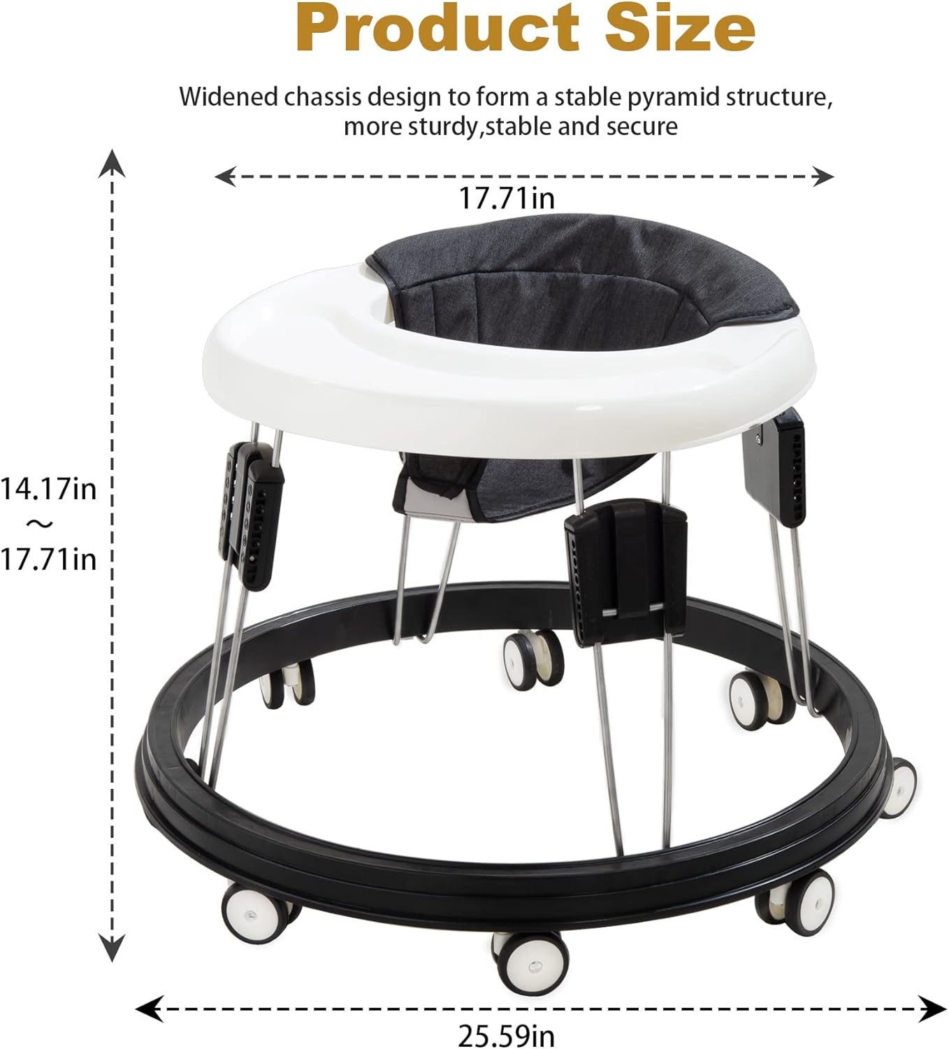 Baby Walker Foldable & Adjustable Height, 9-Level Multi-Function Toddler Walker, Anti-Rollover, Safe & Comfortable for All Terrains, for Baby Boys & Girls 6-18 Months (Black)