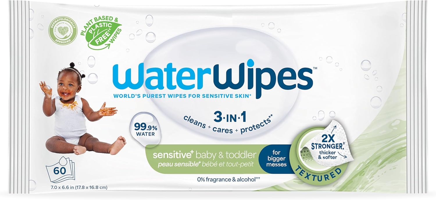 WaterWipes Plastic Free Textured Clean, Toddler & Baby Wipes, 240 Count (4 Packs), 99.9% Water Based Wet Wipes & Unscented for Sensitive Skin