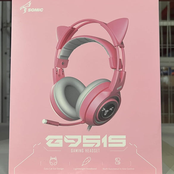 SOMIC G951s Pink Stereo Gaming Headset with Mic for PS4,Xbox,PC,Mobile Phone,3.5mm Noise Reduction Cat Ear Headphones Lightweight Over Ear Headphones for Girls