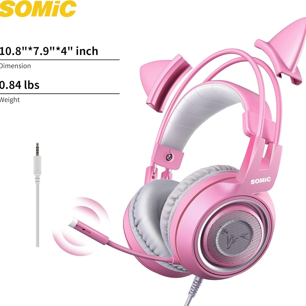 SOMIC G951s Pink Stereo Gaming Headset with Mic for PS4,Xbox,PC,Mobile Phone,3.5mm Noise Reduction Cat Ear Headphones Lightweight Over Ear Headphones for Girls