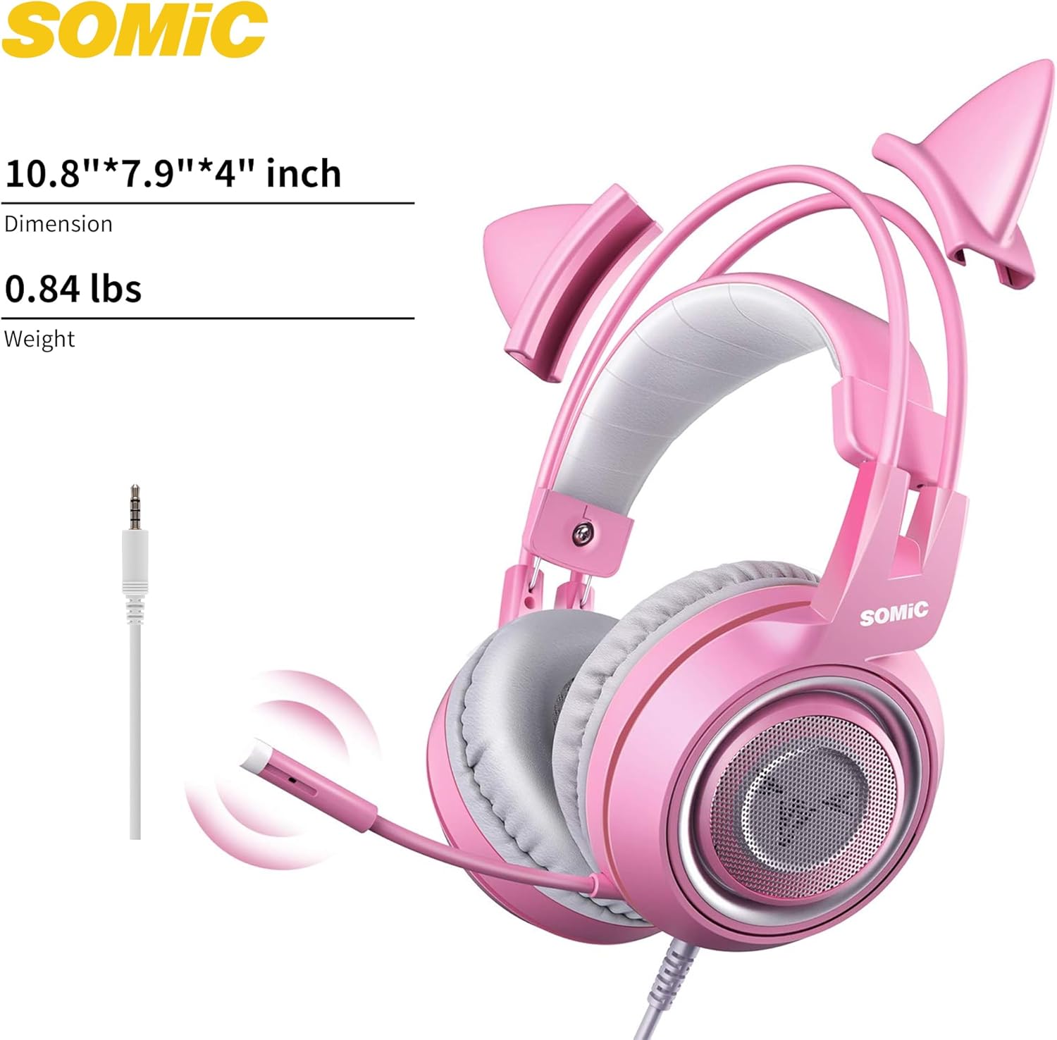 SOMIC G951s Pink Stereo Gaming Headset with Mic for PS4,Xbox,PC,Mobile Phone,3.5mm Noise Reduction Cat Ear Headphones Lightweight Over Ear Headphones for Girls