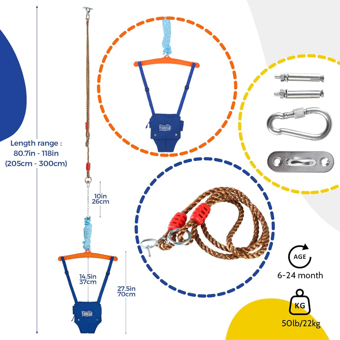 FUNLIO Baby Jumper with a Ceiling Hook for 6-24 Months, Baby Door Jumper for Indoor/Outdoor Play