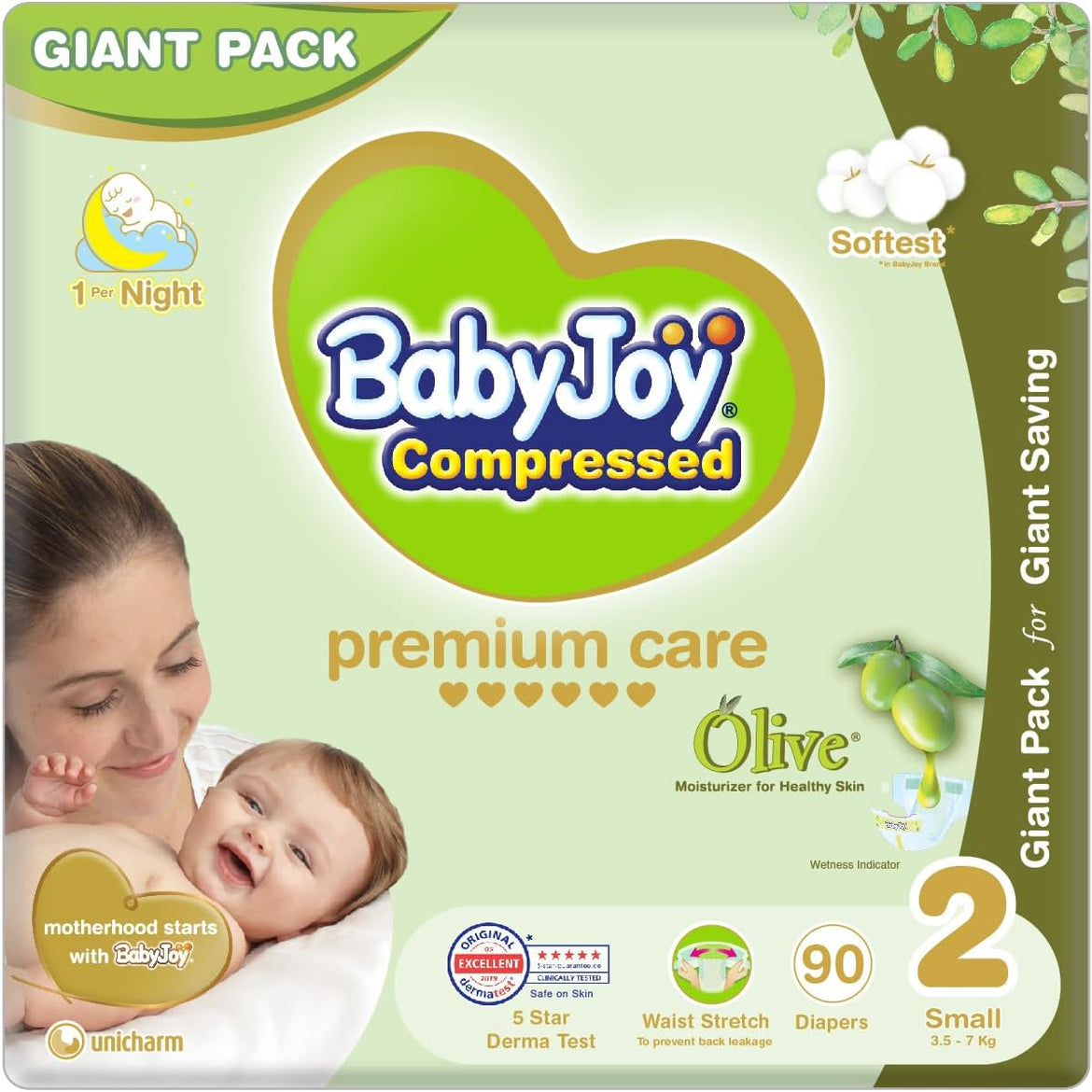 BabyJoy Olive Tape Diaper, Size 2, Small, 3.5-7 Kg, Giant Box, 270 Diapers