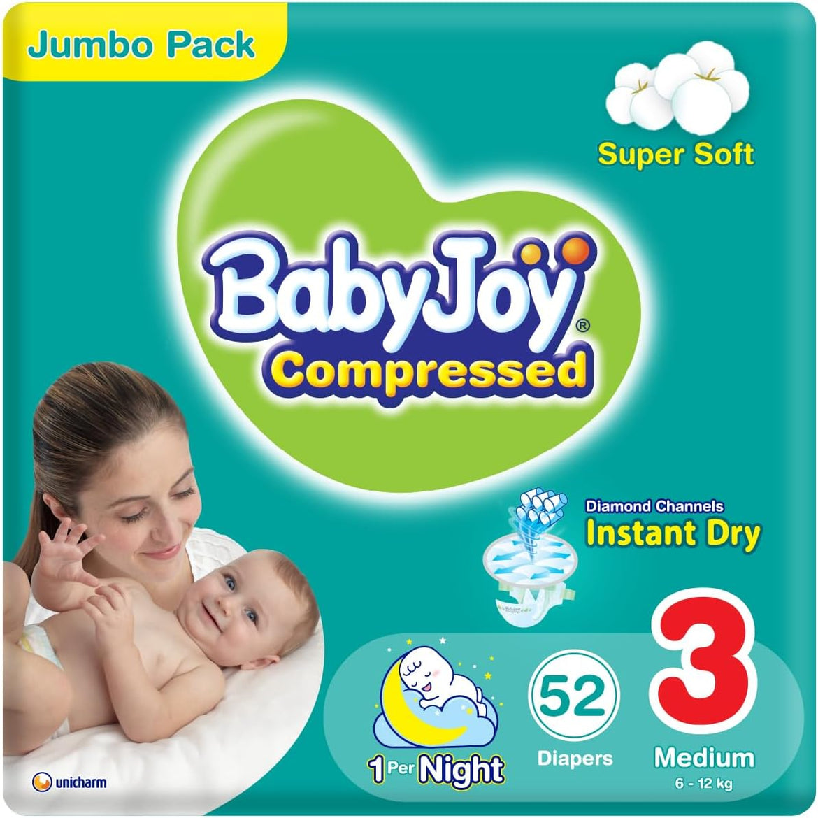 Babyjoy Compressed Diamond Pad, Size 3, Medium, 6-12 Kg, Mega Pack, 68 Diapers
