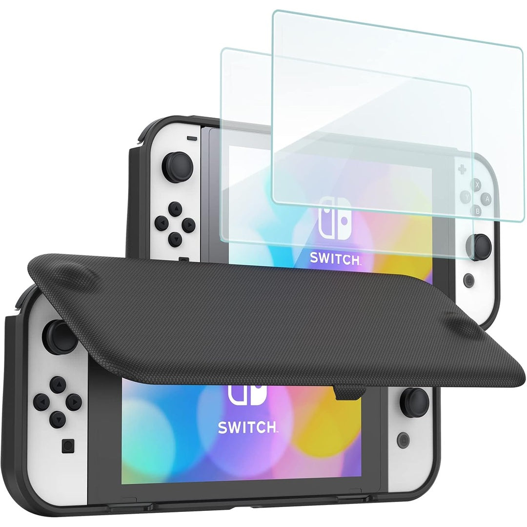 ProCase for Nintendo Switch OLED 2021 Flip Case with 2 Pack Tempered Glass Screen Protectors, Flip Case with Magnetically Detachable Front Cover for Nintendo Switch OLED -Black