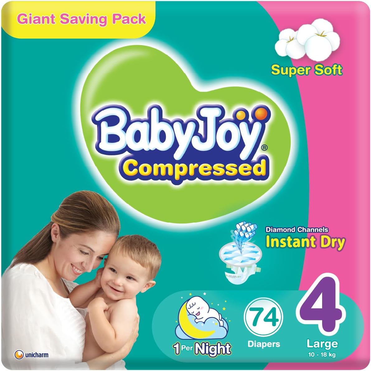 BabyJoy Compressed Diamond Pad, Size 4, Large, 10-18 kg, Value Pack, 32 Diapers