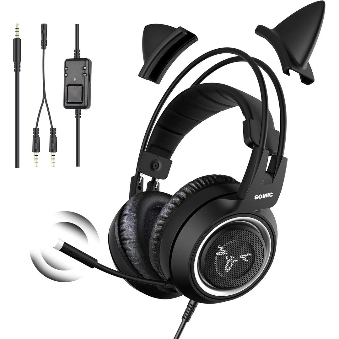 SOMIC G951s Pink Stereo Gaming Headset with Mic for PS4,Xbox,PC,Mobile Phone,3.5mm Noise Reduction Cat Ear Headphones Lightweight Over Ear Headphones for Girls