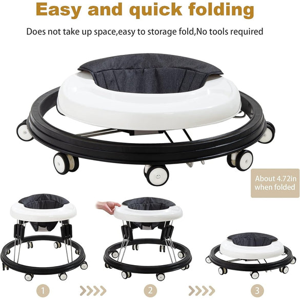 Baby Walker Foldable & Adjustable Height, 9-Level Multi-Function Toddler Walker, Anti-Rollover, Safe & Comfortable for All Terrains, for Baby Boys & Girls 6-18 Months (Black)