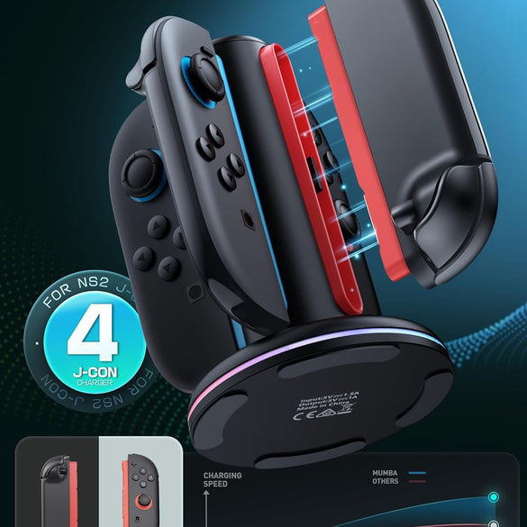 Mumba Charging Dock for Nintendo Switch 2 Joy-Con Controllers – 4 in 1 Fast Charger Station, Magnetic & Weighted Base, Bi-Directional Design, LED Indicators & Overcharge Protection