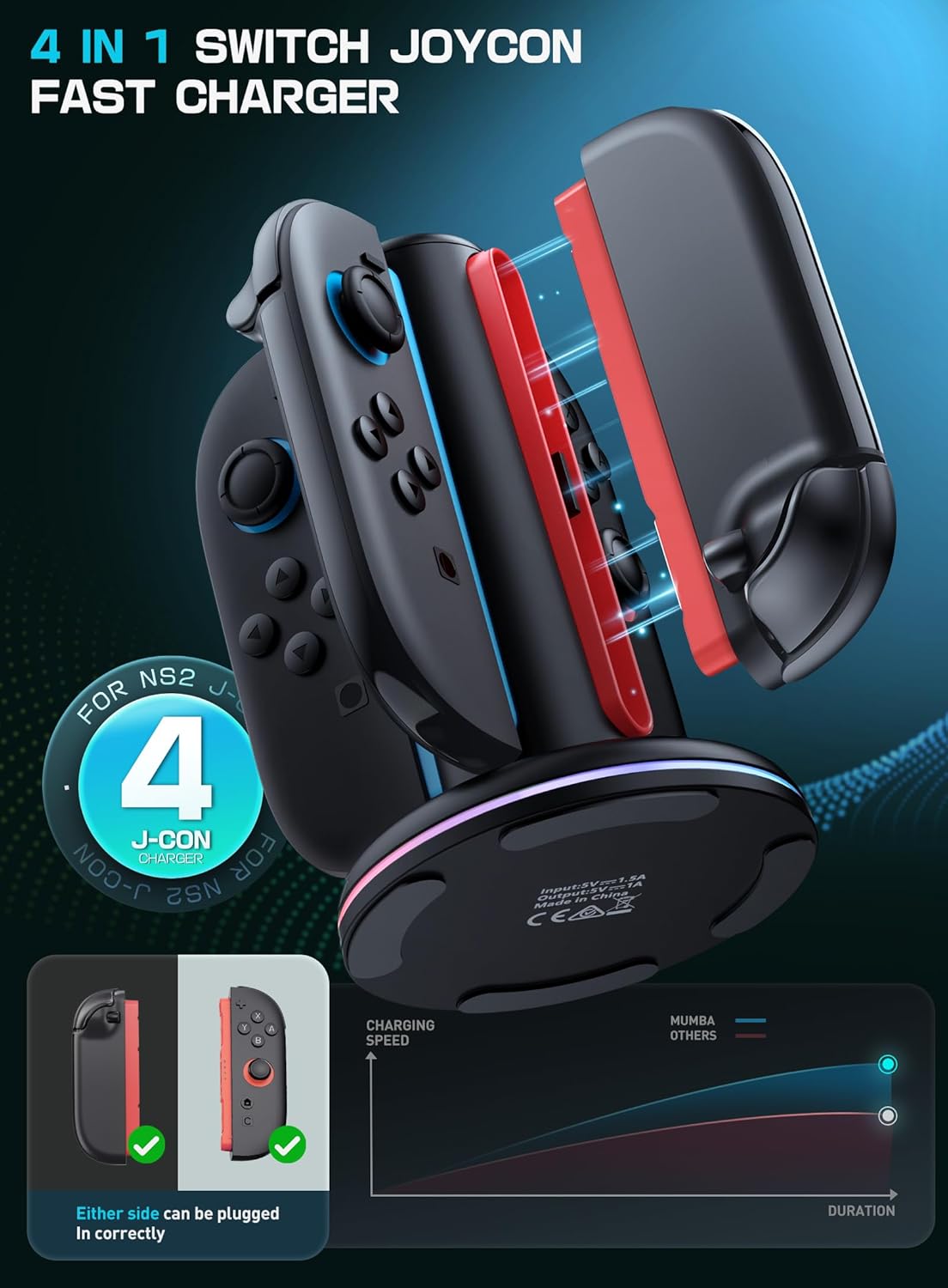 Mumba Charging Dock for Nintendo Switch 2 Joy-Con Controllers – 4 in 1 Fast Charger Station, Magnetic & Weighted Base, Bi-Directional Design, LED Indicators & Overcharge Protection
