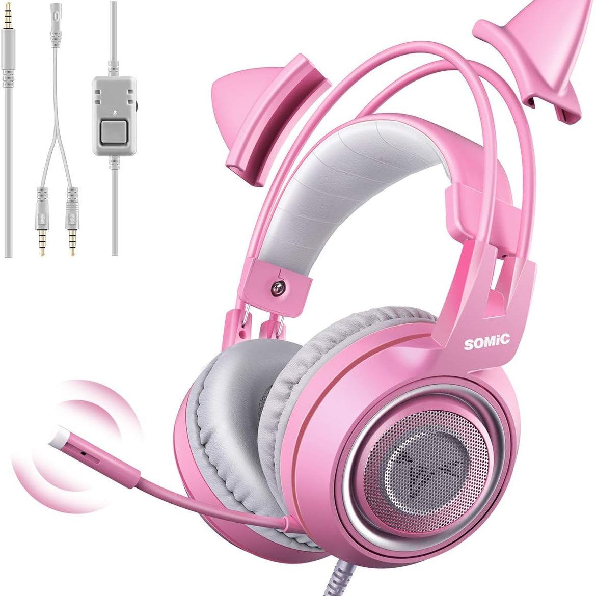 SOMIC G951s Pink Stereo Gaming Headset with Mic for PS4,Xbox,PC,Mobile Phone,3.5mm Noise Reduction Cat Ear Headphones Lightweight Over Ear Headphones for Girls