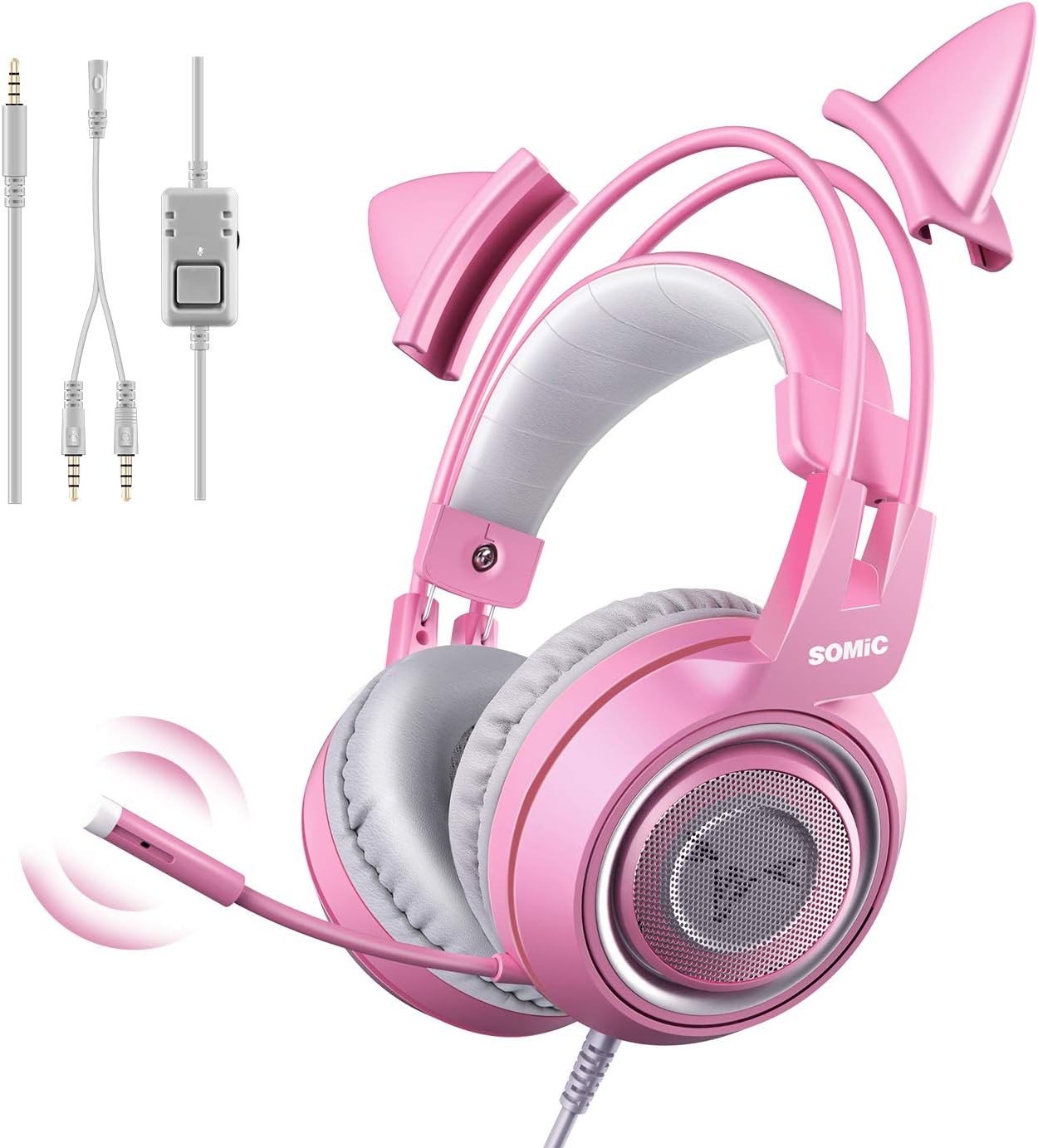 SOMIC G951s Pink Stereo Gaming Headset with Mic for PS4,Xbox,PC,Mobile Phone,3.5mm Noise Reduction Cat Ear Headphones Lightweight Over Ear Headphones for Girls