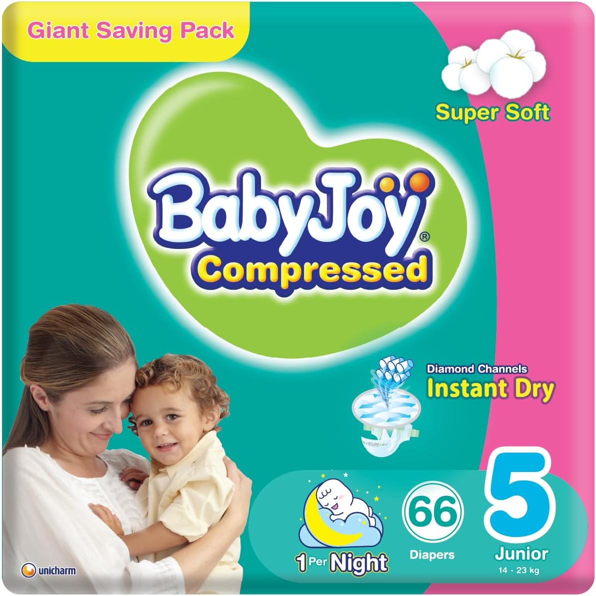 Baby Joy Compressed Diamond Pad, Size 5, Extra Large, 14-25 kg, Jumbo Box, 80 Diapers