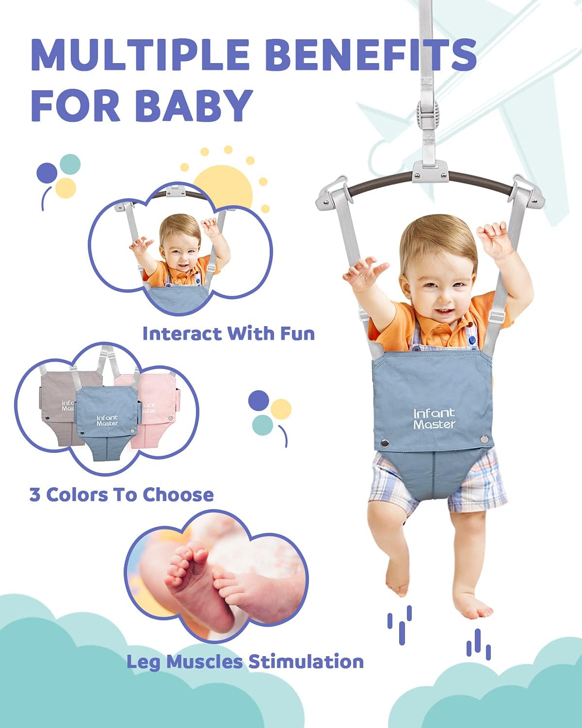 Infant Master Doorway Jumper, Johnny Jumper w/Adjustable Seat Bag, Durable Baby Door Bouncer & Swing Jumper w/Steel Spring, Wise Gift Choice for Infant & Toddler, Easy to Use, Blue