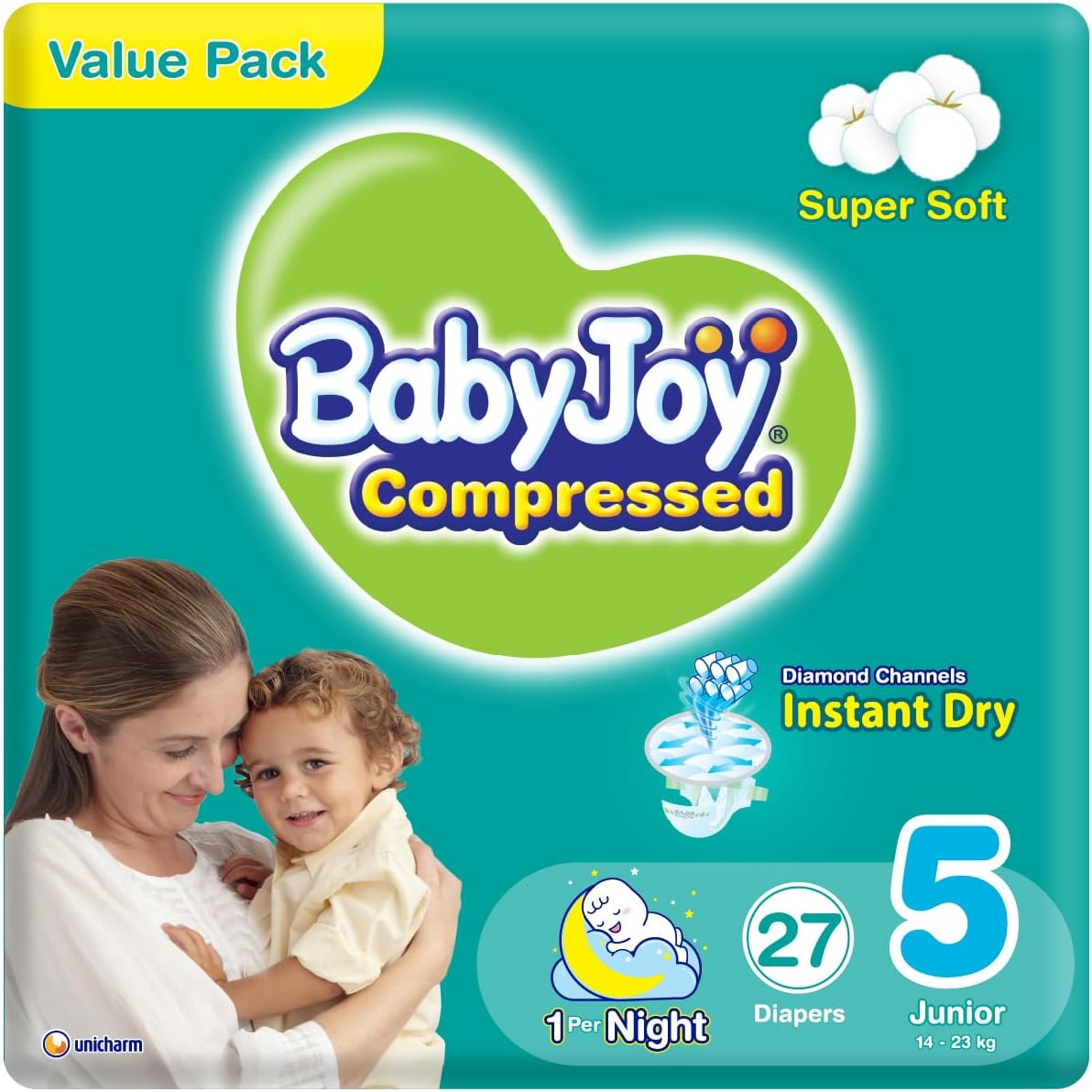 Baby Joy Compressed Diamond Pad, Size 5, Extra Large, 14-25 kg, Jumbo Box, 80 Diapers