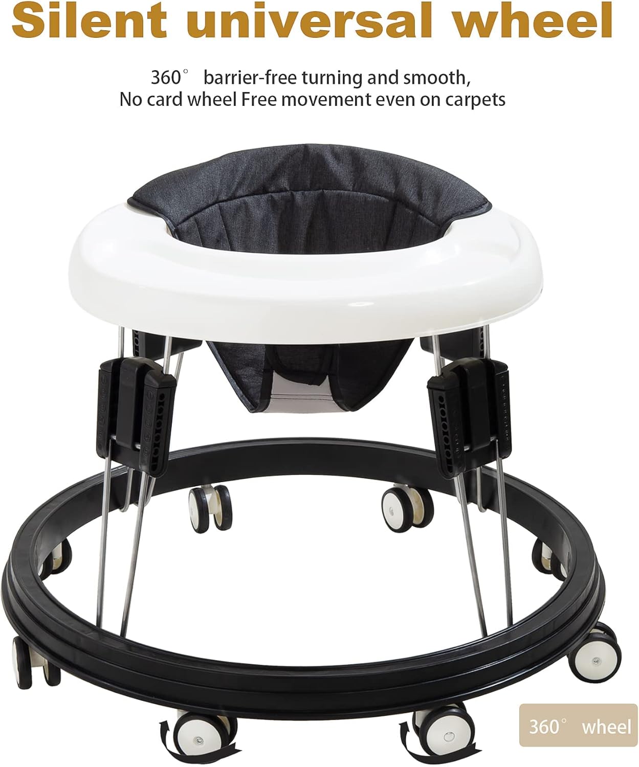 Baby Walker Foldable & Adjustable Height, 9-Level Multi-Function Toddler Walker, Anti-Rollover, Safe & Comfortable for All Terrains, for Baby Boys & Girls 6-18 Months (Black)