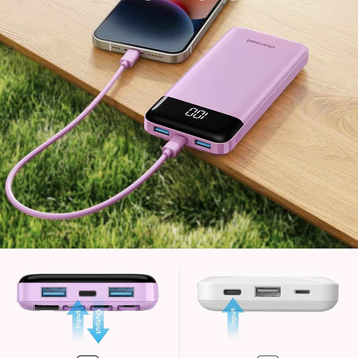 Portable Charger with Built in Cables, Portable Charger with Cords Wires Slim 10000mAh Travel Battery Pack 6 Outputs 3 Inputs 3A Fast Charging Power Bank for Samsung Google Pixel LG Moto iPhone iPad