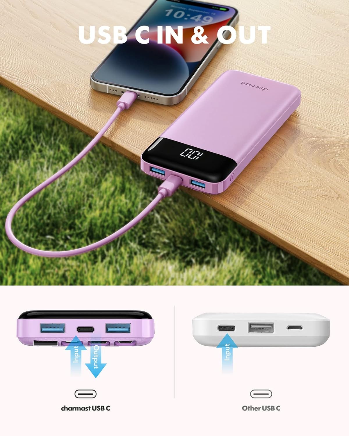 Portable Charger with Built in Cables, Portable Charger with Cords Wires Slim 10000mAh Travel Battery Pack 6 Outputs 3 Inputs 3A Fast Charging Power Bank for Samsung Google Pixel LG Moto iPhone iPad