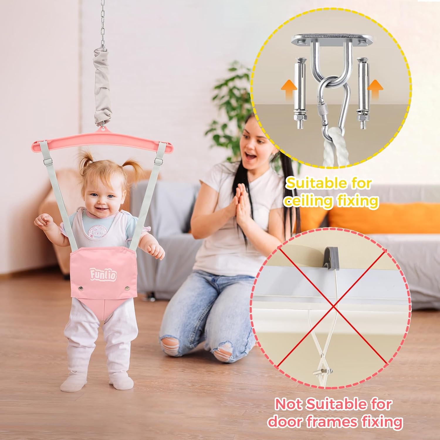 FUNLIO Baby Jumper with a Ceiling Hook for 6-24 Months, Baby Door Jumper for Indoor/Outdoor Play