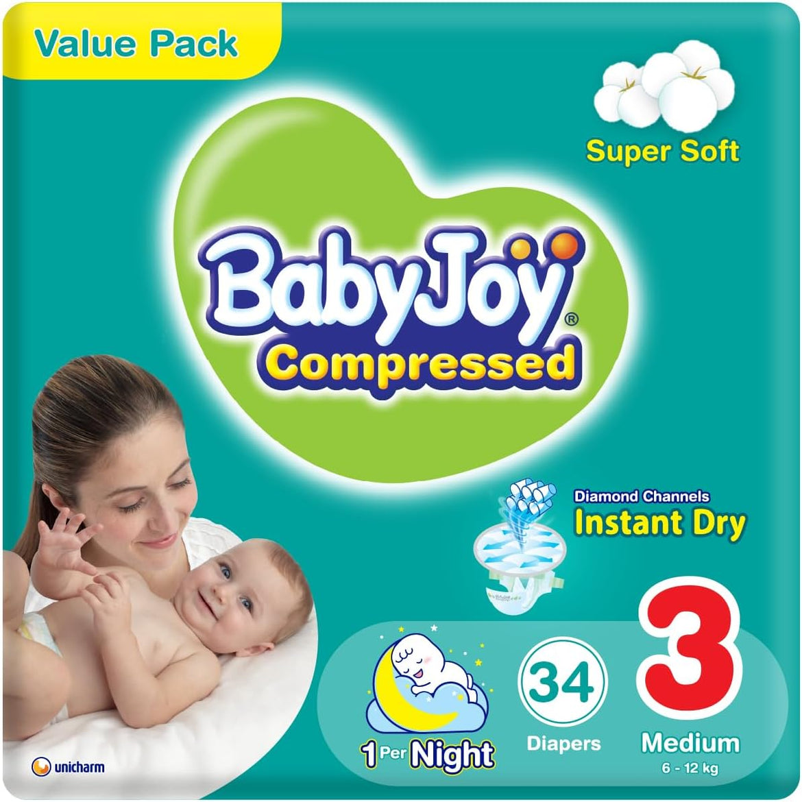 Babyjoy Compressed Diamond Pad, Size 3, Medium, 6-12 Kg, Mega Pack, 68 Diapers