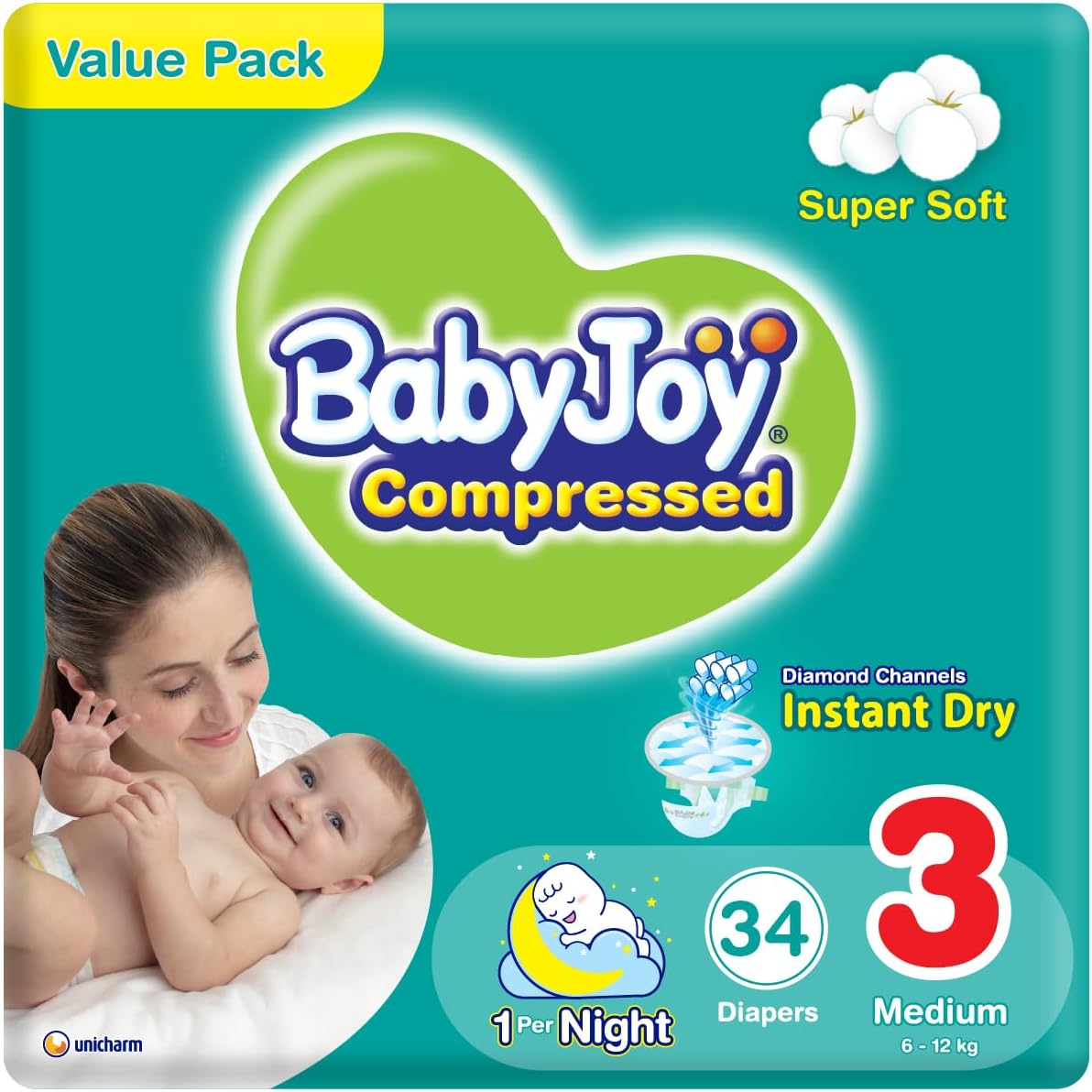 Babyjoy Compressed Diamond Pad, Size 3, Medium, 6-12 Kg, Mega Pack, 68 Diapers