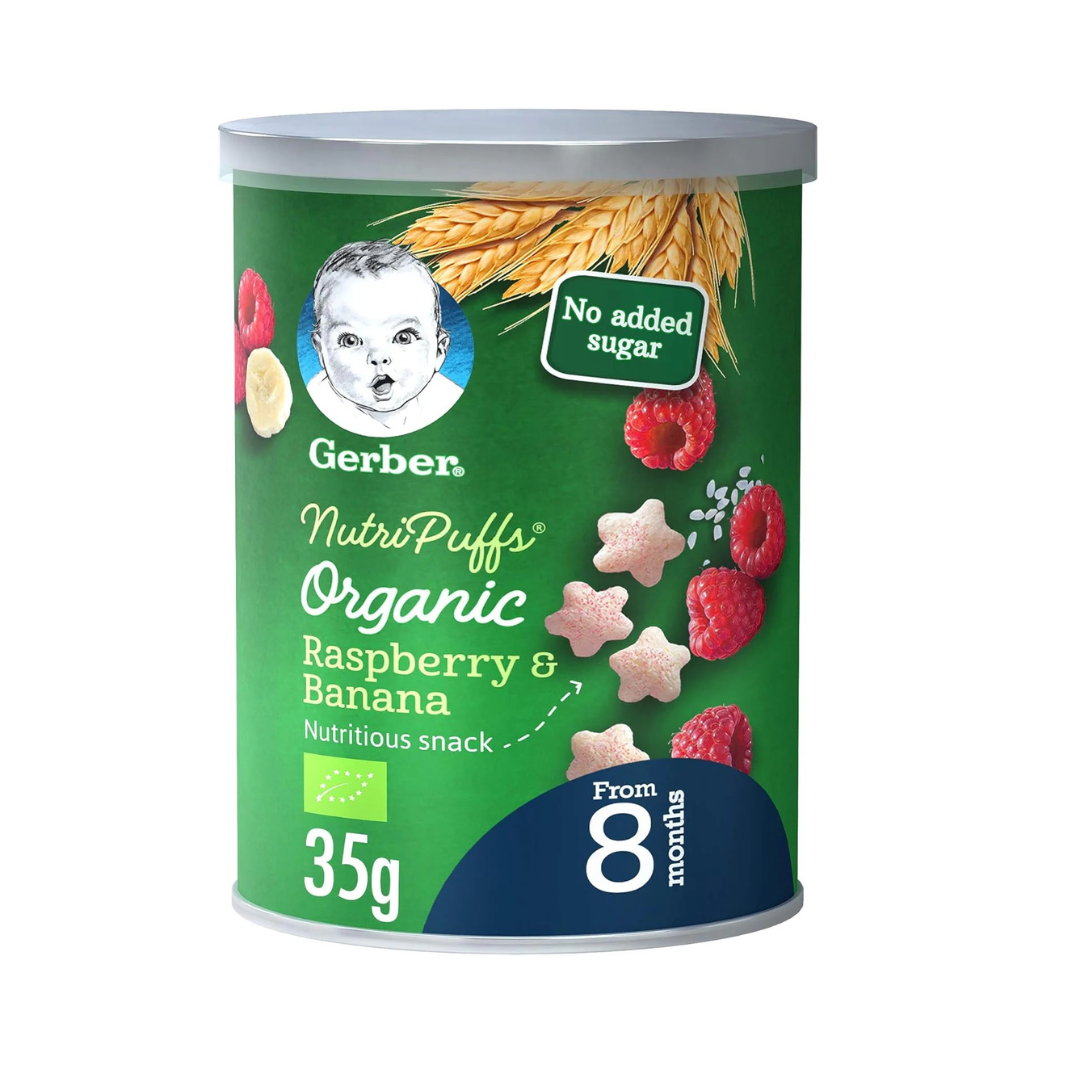 Gerber Organic Nutripuffs Raspberry & Banana, Baby Food, Tin, 35g