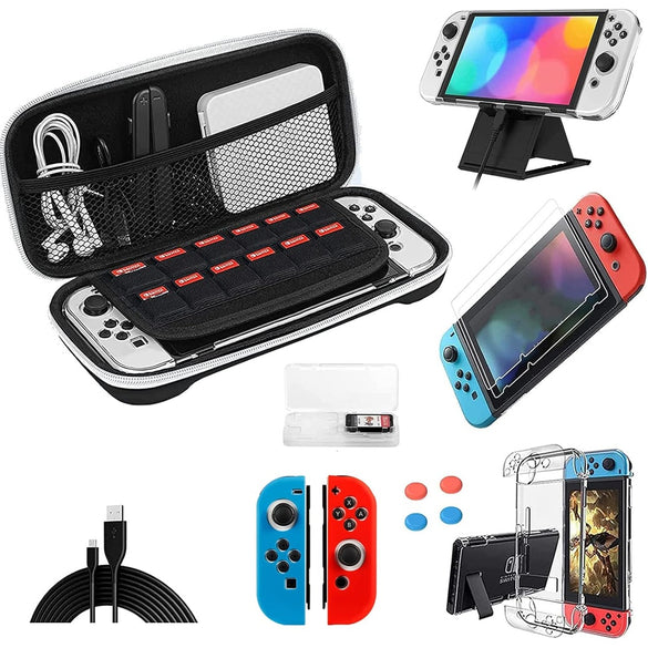 Carrying Case for Nintendo Switch OLED, Travel Carrying Case Pouch Accessories for Switch OLED, Include Screen Protector, Protective Cover Case, Data Cable, Kickstand &Thumb Grip Caps