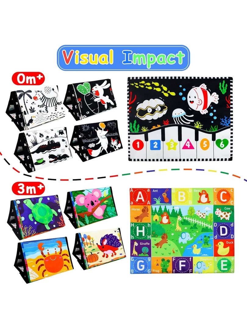 KUANGO Tummy Time Set - 2 Pcs Tummy Time Toys with Mat & Mirror, Baby Mirror Newborn Toys 0-3, Brain Development, High Contrast Montessori Infant Toys 0-6 Months