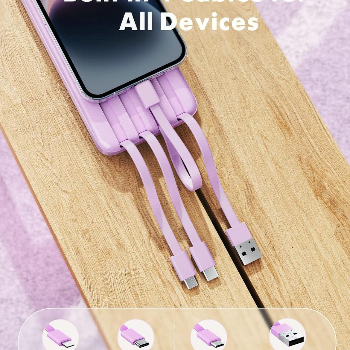 Portable Charger with Built in Cables, Portable Charger with Cords Wires Slim 10000mAh Travel Battery Pack 6 Outputs 3 Inputs 3A Fast Charging Power Bank for Samsung Google Pixel LG Moto iPhone iPad