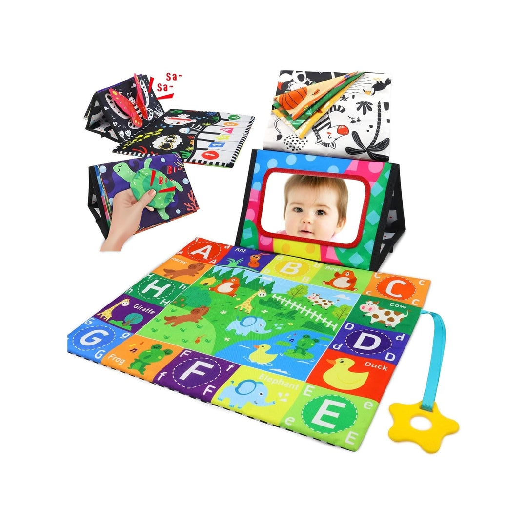 KUANGO Tummy Time Set - 2 Pcs Tummy Time Toys with Mat & Mirror, Baby Mirror Newborn Toys 0-3, Brain Development, High Contrast Montessori Infant Toys 0-6 Months