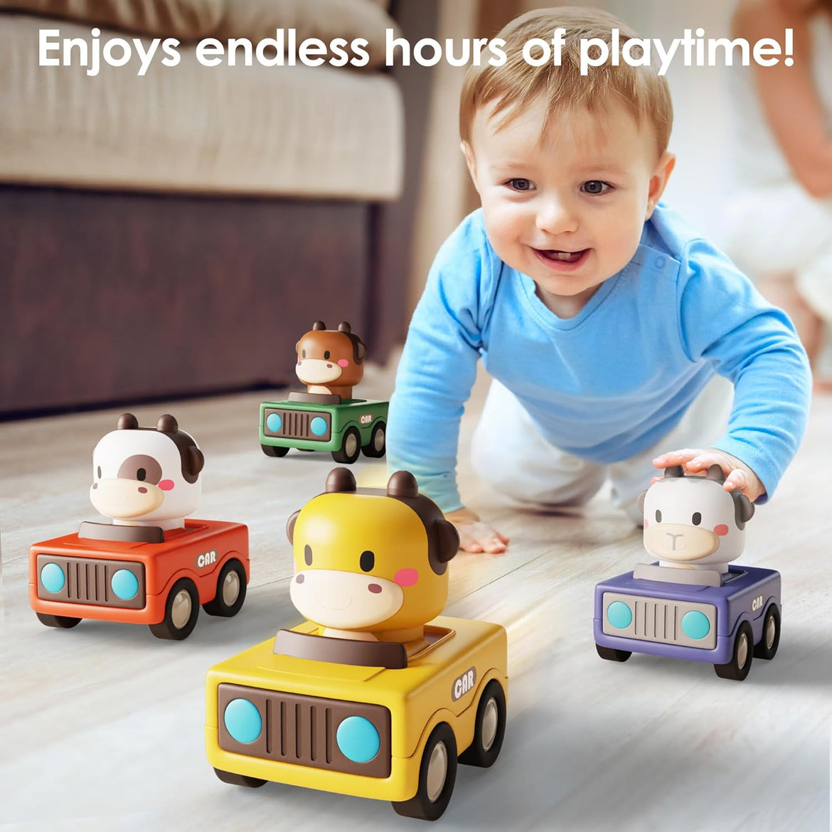iPlay, iLearn Press to Go Car Toys for Toddlers 1-3, Baby Animal Racing Cars, Infant Play Vehicle Set