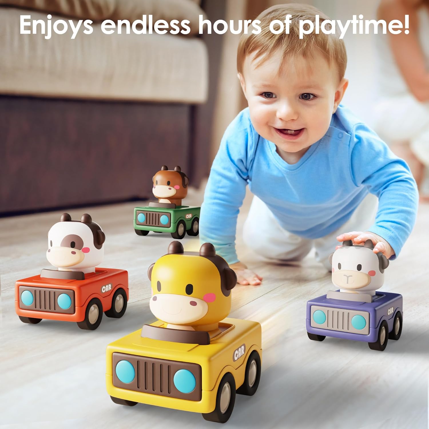 iPlay, iLearn Press to Go Car Toys for Toddlers 1-3, Baby Animal Racing Cars, Infant Play Vehicle Set