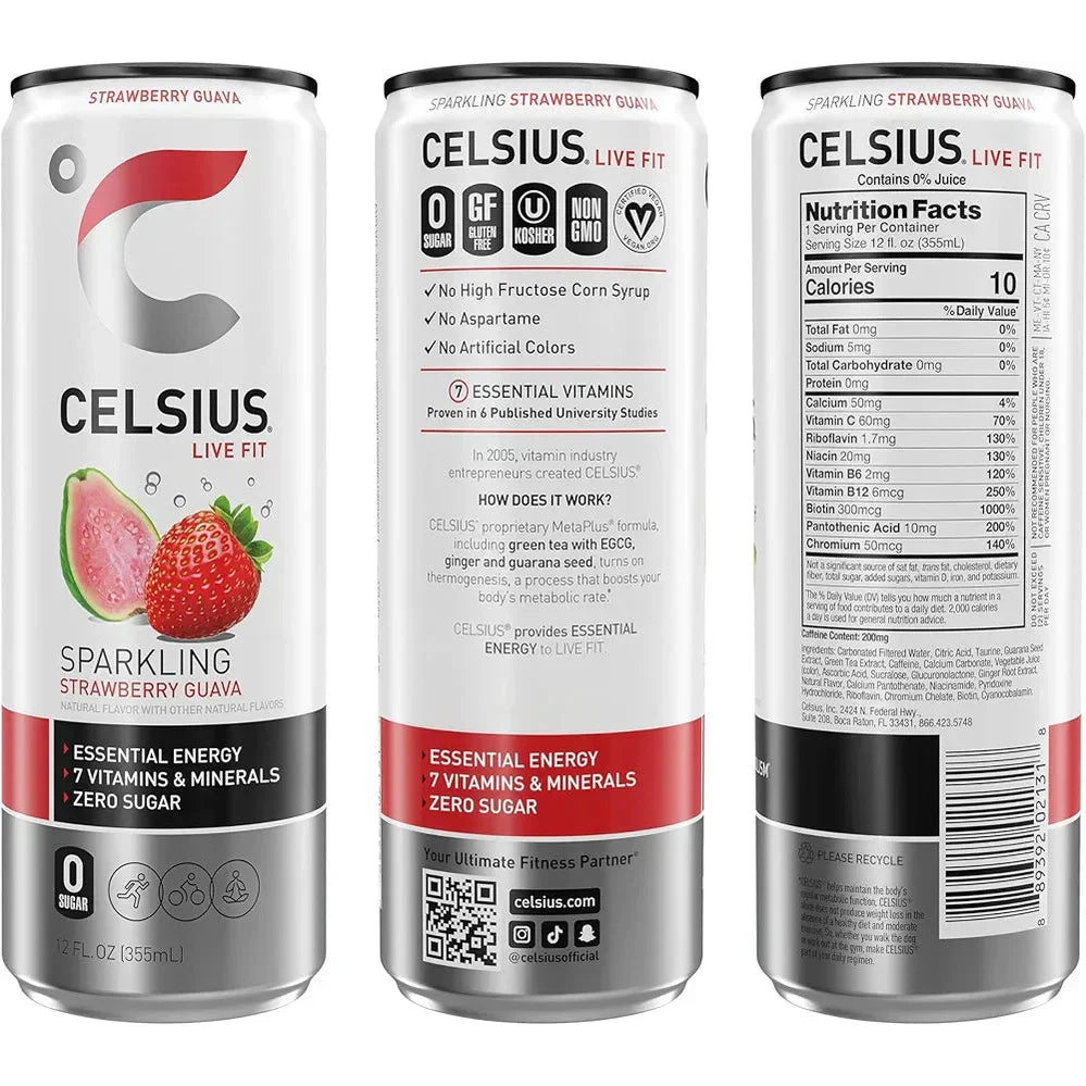 CELSIUS Sparkling Strawberry Guava Fitness Drink, Zero Sugar, 12oz. Slim Can