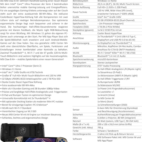 MSI Claw 8 AI+ Gaming Handheld, 8 Inch FHD+ 120 Hz Display, Intel Core Ultra 7 Processor 258V, 32GB RAM, 1TB SSD, Intel Arc Graphics, Windows 11 Home, Black/Sandstorm, A2VM-015