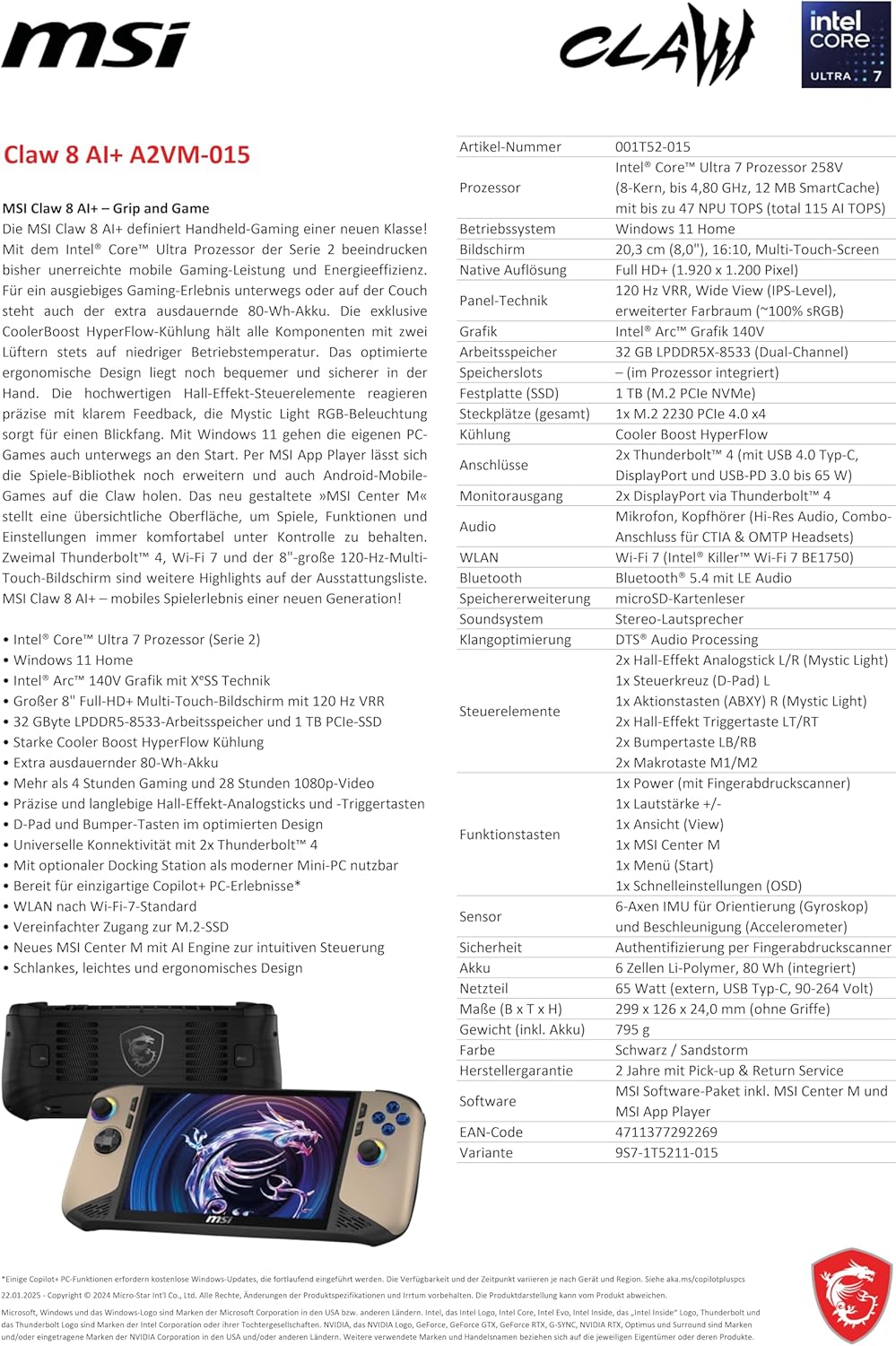 MSI Claw 8 AI+ Gaming Handheld, 8 Inch FHD+ 120 Hz Display, Intel Core Ultra 7 Processor 258V, 32GB RAM, 1TB SSD, Intel Arc Graphics, Windows 11 Home, Black/Sandstorm, A2VM-015