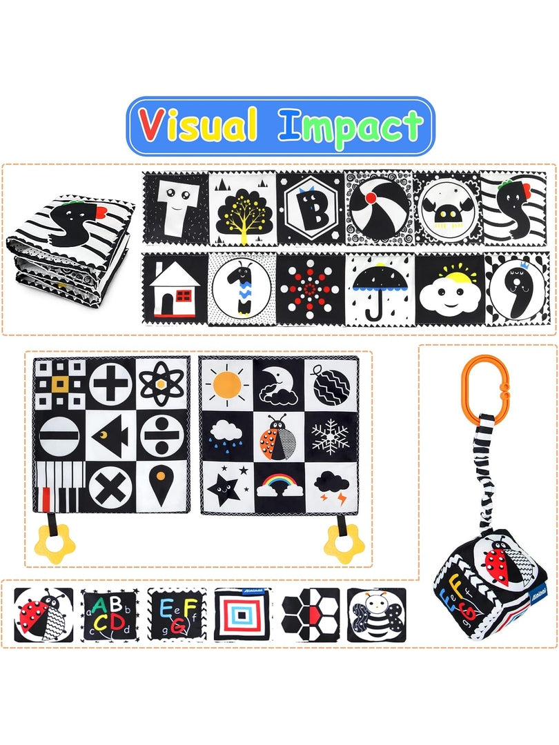 KUANGO 3 Pcs Black and White High Contrast Baby Toys 0-3 Months for Newborn, Montessori Toys for Babies Sensory Soft Book for Early Education, Infant Tummy Time Toys 0 6 9 Months Baby Gifts