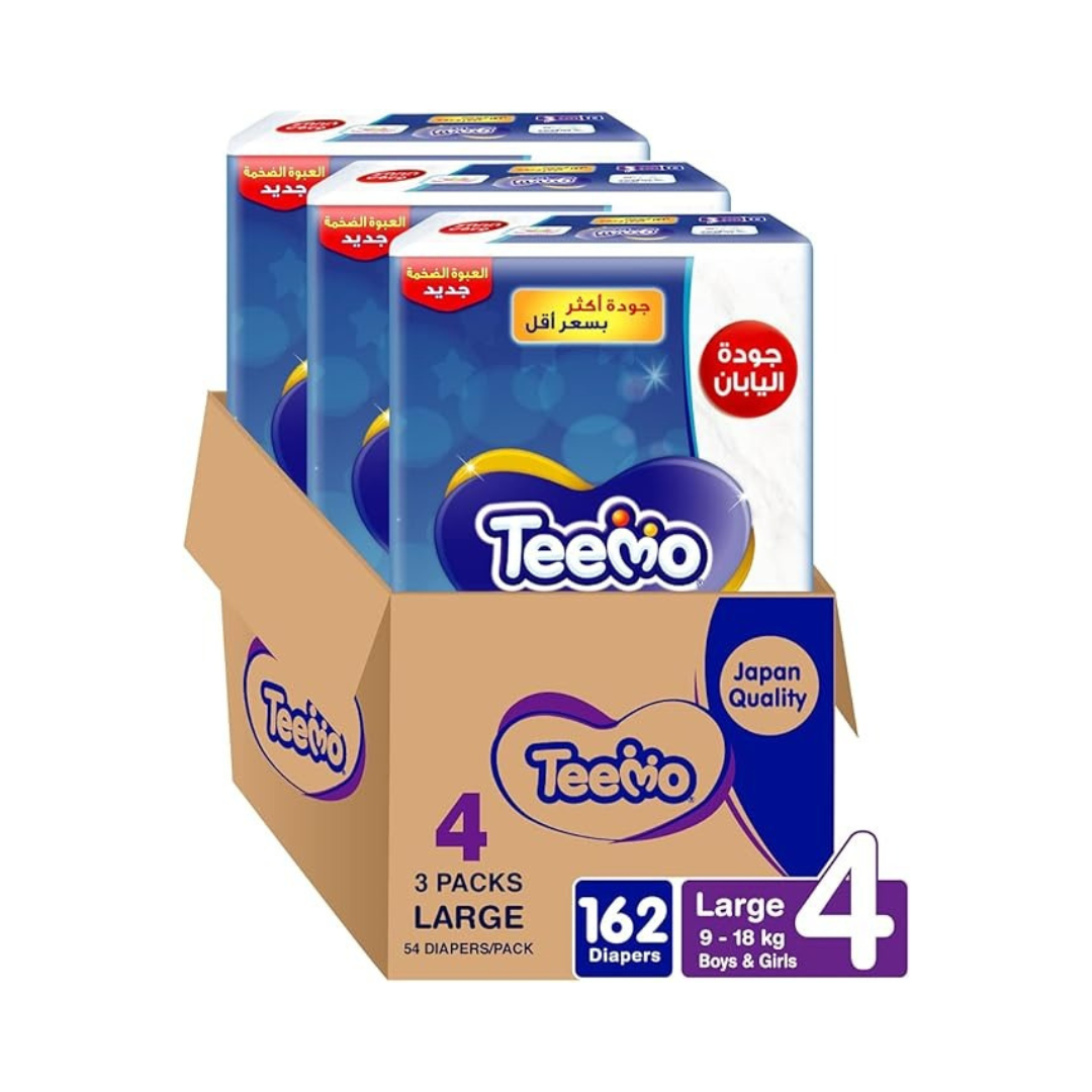 Teemo Compressed Diamond Pad, Size 4, Large, 9-18 kg, Mega Box, 162 Diapers - 162