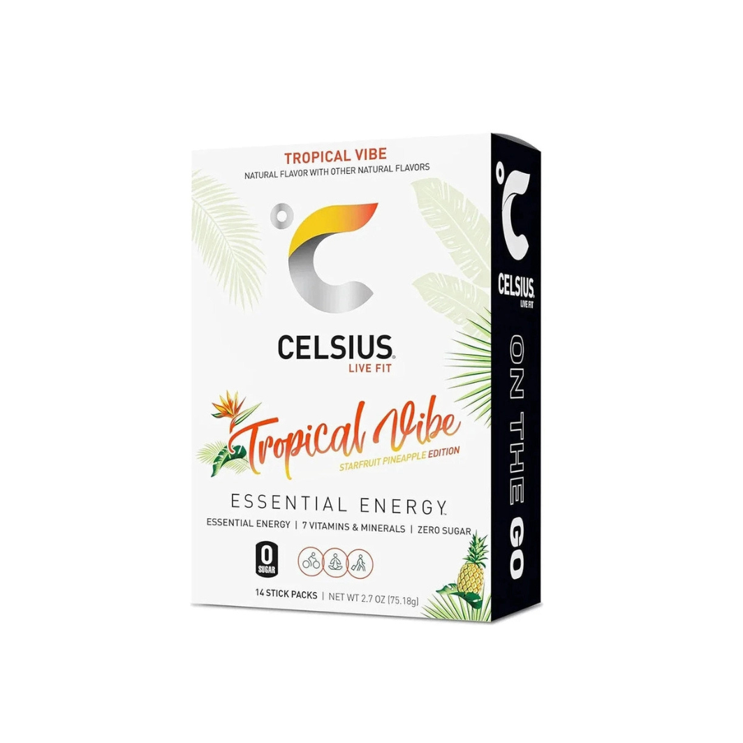 CELSIUS On-the-Go Powder Sticks Tropical Vibe, Essential Energy 2.6 Oz