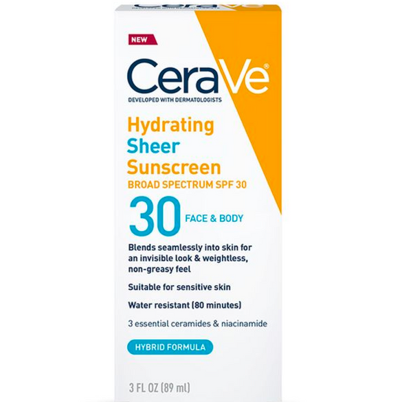 CeraVe Hydrating Sheer Sunscreen Broad Spectrum SPF 30 for Face & Body